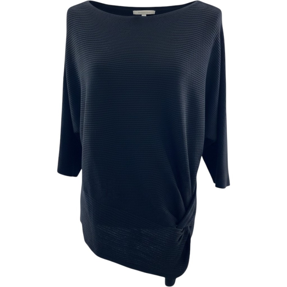 Vince Camuto Black Ribbed Knit Twist Front Boat Neck 3/4 Sleeve Top Womens Sz M